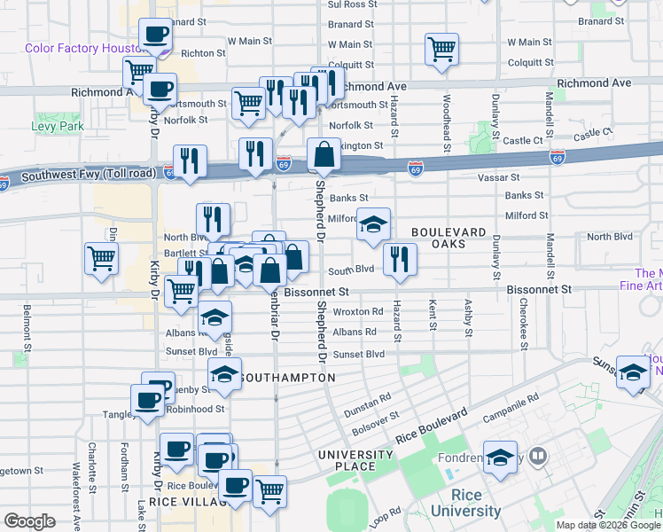 map of restaurants, bars, coffee shops, grocery stores, and more near in Houston