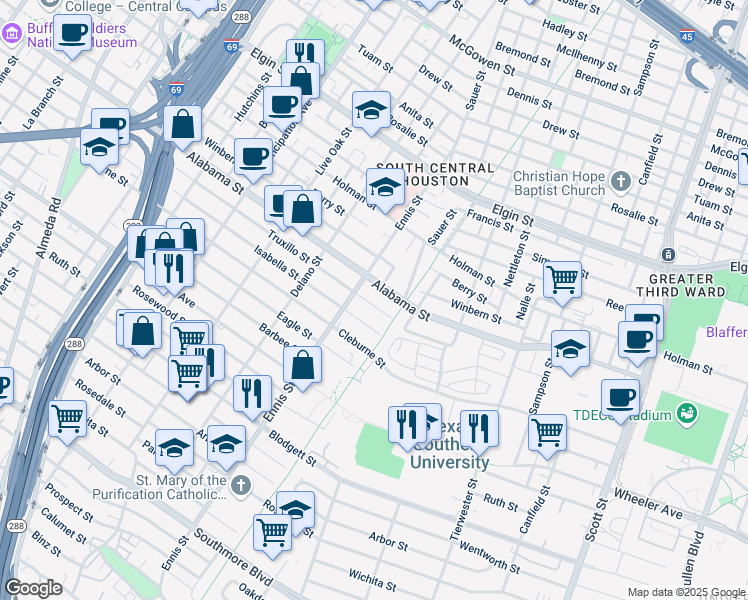 map of restaurants, bars, coffee shops, grocery stores, and more near 3019 Truxillo Street in Houston