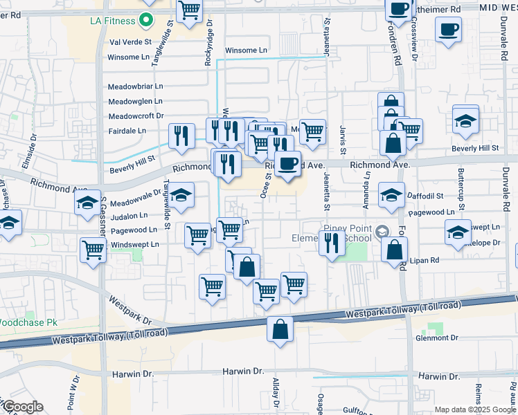 map of restaurants, bars, coffee shops, grocery stores, and more near 3400 Ocee Street in Houston