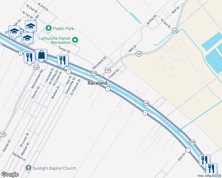 map of restaurants, bars, coffee shops, grocery stores, and more near 4027 Louisiana 1 in Raceland