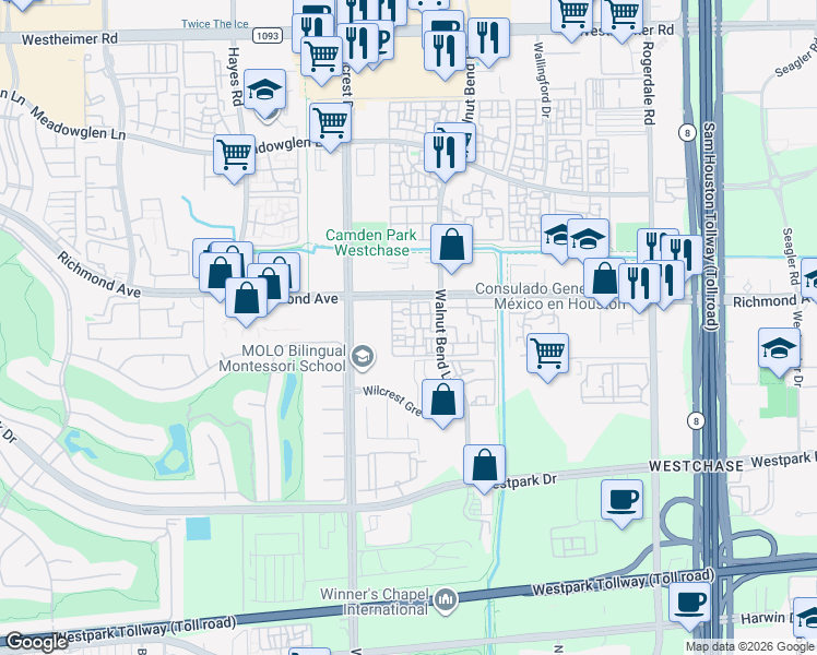 map of restaurants, bars, coffee shops, grocery stores, and more near 10881 Richmond Avenue in Houston