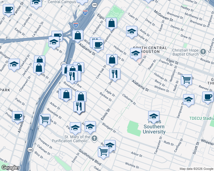 map of restaurants, bars, coffee shops, grocery stores, and more near 2718 Cleburne Street in Houston