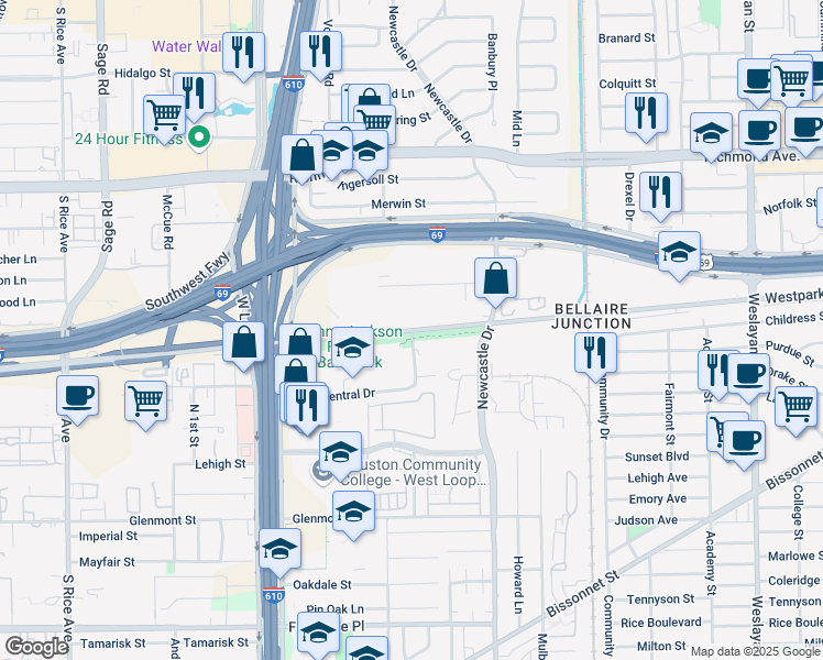 map of restaurants, bars, coffee shops, grocery stores, and more near 4717 Westpark Drive in Houston