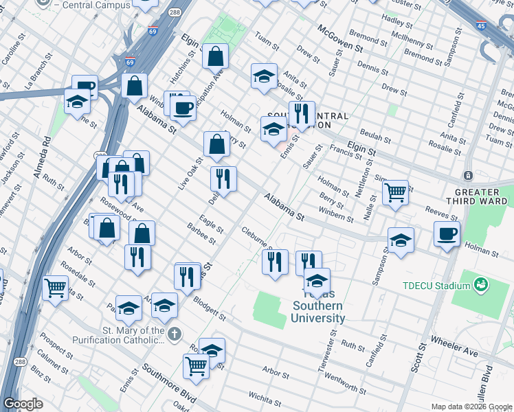 map of restaurants, bars, coffee shops, grocery stores, and more near 3016 Alabama Street in Houston