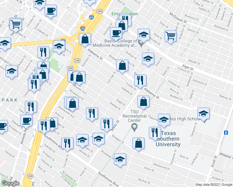 map of restaurants, bars, coffee shops, grocery stores, and more near 2702 Cleburne Street in Houston