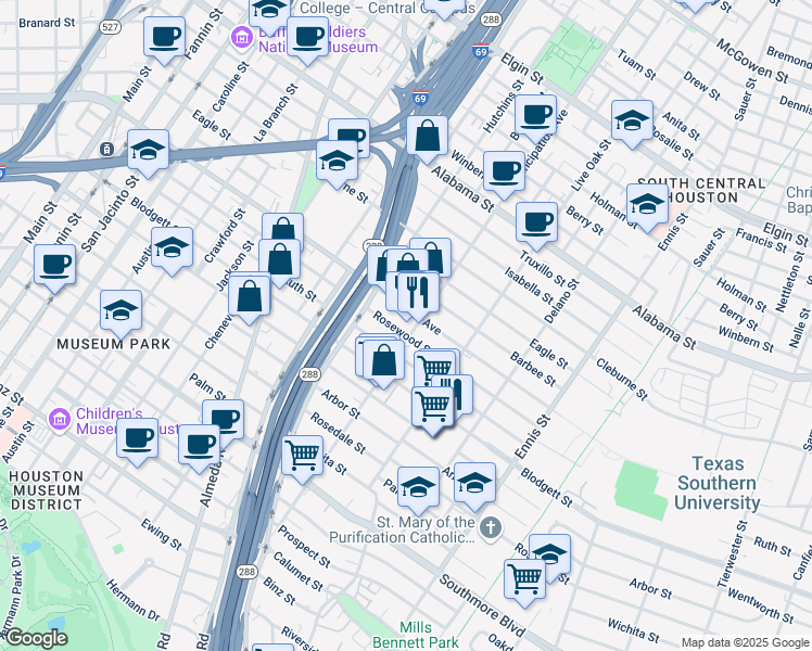 map of restaurants, bars, coffee shops, grocery stores, and more near 2314 Wheeler Avenue in Houston