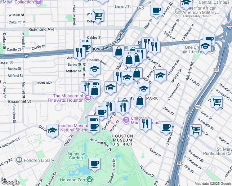 map of restaurants, bars, coffee shops, grocery stores, and more near 5253 Fannin Street in Houston