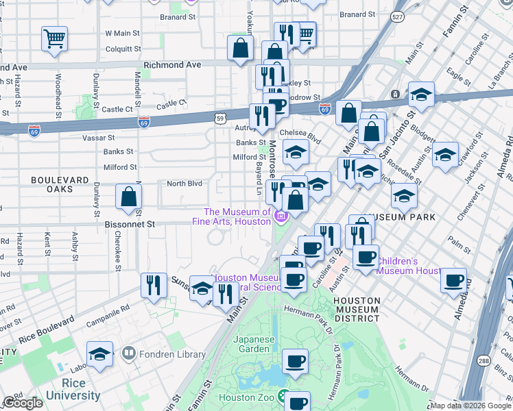 map of restaurants, bars, coffee shops, grocery stores, and more near 1104 Berthea Street in Houston