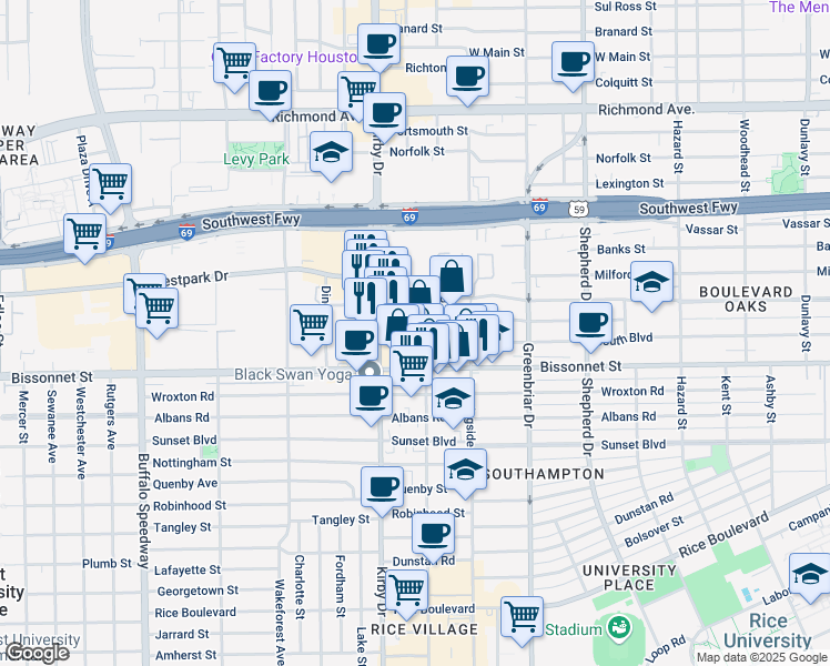 map of restaurants, bars, coffee shops, grocery stores, and more near 2441 Bartlett Street in Houston