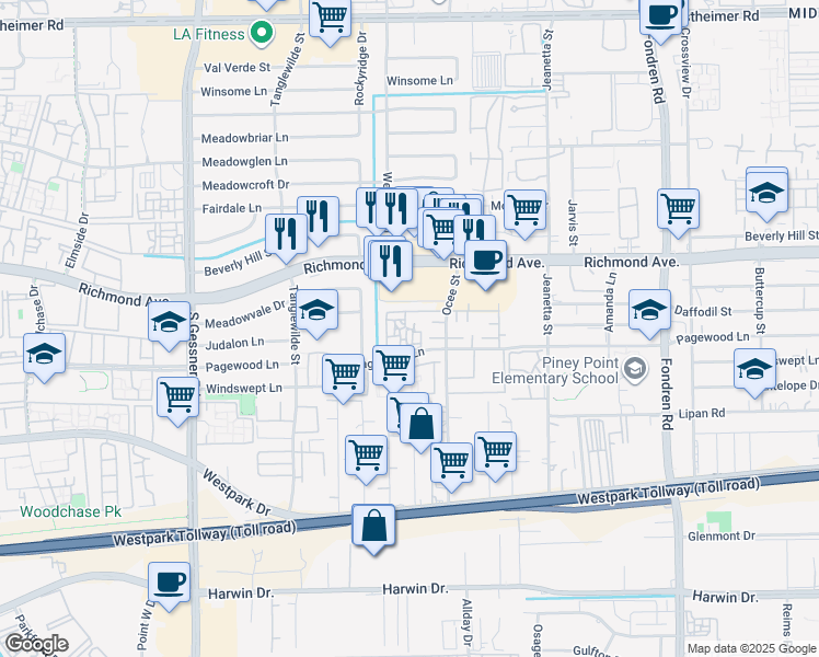 map of restaurants, bars, coffee shops, grocery stores, and more near 3400 Ocee Street in Houston