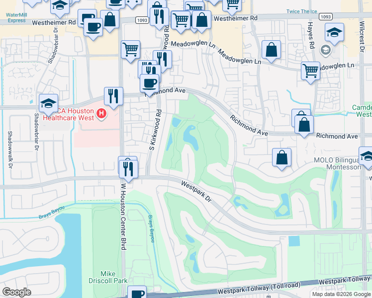 map of restaurants, bars, coffee shops, grocery stores, and more near 3102 Noble Lakes Lane in Houston