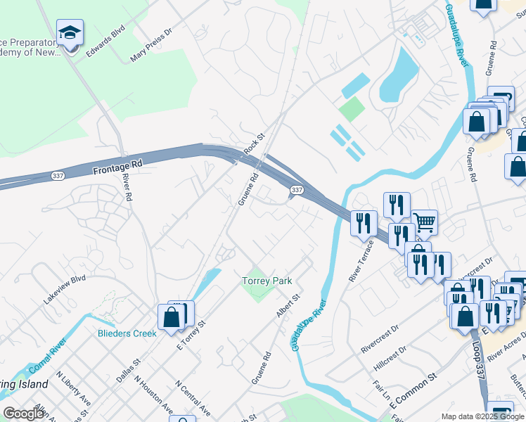 map of restaurants, bars, coffee shops, grocery stores, and more near 1360 Ranch Parkway in New Braunfels