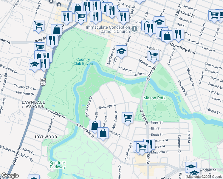 map of restaurants, bars, coffee shops, grocery stores, and more near 1723 Alta Vista Street in Houston