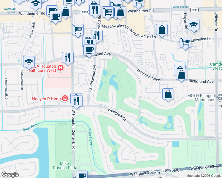 map of restaurants, bars, coffee shops, grocery stores, and more near 3102 Noble Lakes Lane in Houston
