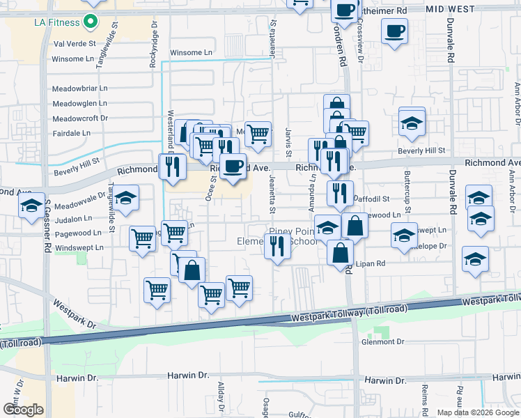 map of restaurants, bars, coffee shops, grocery stores, and more near 3708-3760 Jeanetta St in Houston