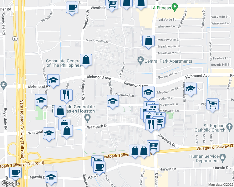 map of restaurants, bars, coffee shops, grocery stores, and more near 9921 Pagewood Lane in Houston