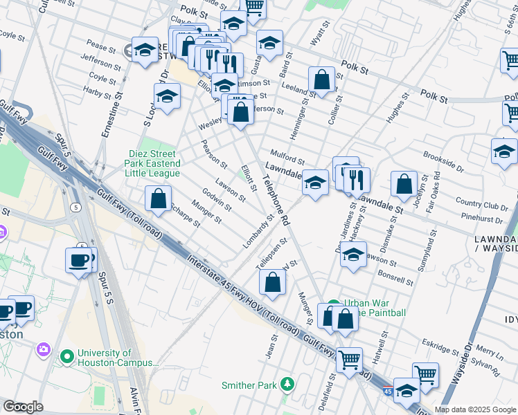map of restaurants, bars, coffee shops, grocery stores, and more near 1554 Elliott Street in Houston