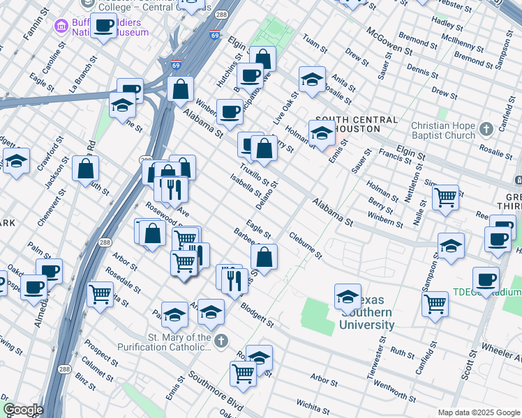 map of restaurants, bars, coffee shops, grocery stores, and more near 2802 Isabella Street in Houston