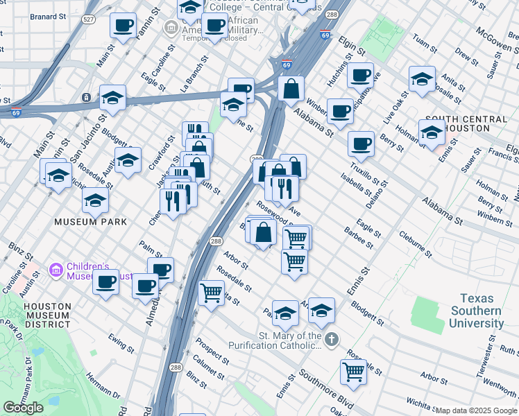 map of restaurants, bars, coffee shops, grocery stores, and more near 2208 Rosewood Street in Houston