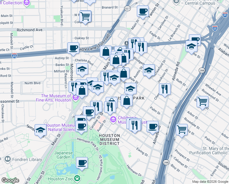 map of restaurants, bars, coffee shops, grocery stores, and more near 1220 Southmore Boulevard in Houston