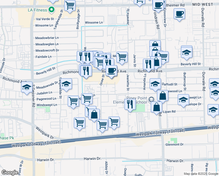 map of restaurants, bars, coffee shops, grocery stores, and more near 3401 Ocee Street in Houston