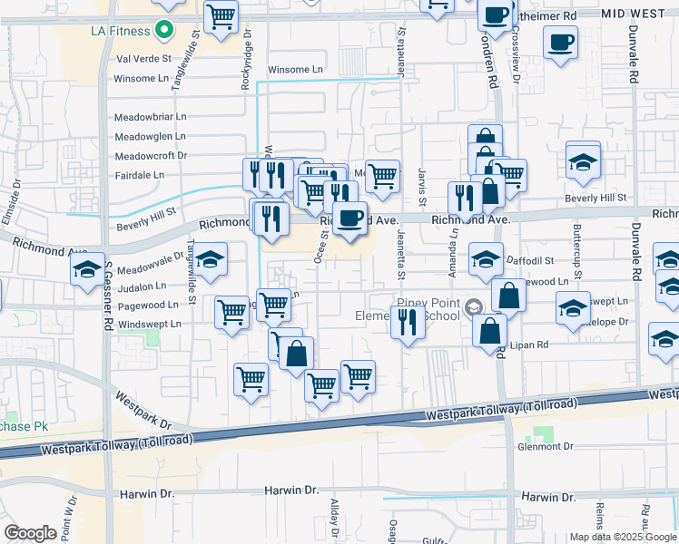 map of restaurants, bars, coffee shops, grocery stores, and more near 3401 Ocee Street in Houston