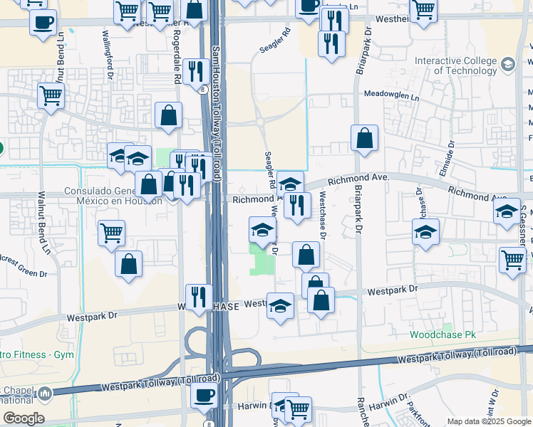 map of restaurants, bars, coffee shops, grocery stores, and more near 10353 Richmond Avenue in Houston