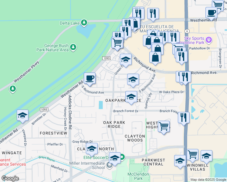 map of restaurants, bars, coffee shops, grocery stores, and more near 15107 Leila Bend Drive in Houston