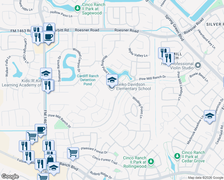 map of restaurants, bars, coffee shops, grocery stores, and more near 26906 Pine Mill Ranch Drive in Katy