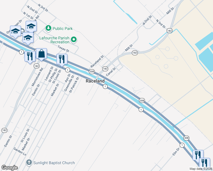 map of restaurants, bars, coffee shops, grocery stores, and more near 4027 Louisiana 1 in Raceland