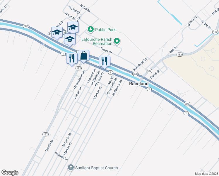 map of restaurants, bars, coffee shops, grocery stores, and more near 152 Greenville Street in Raceland