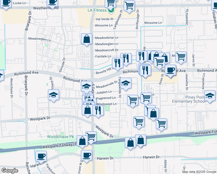 map of restaurants, bars, coffee shops, grocery stores, and more near 9627 Meadowvale Drive in Houston