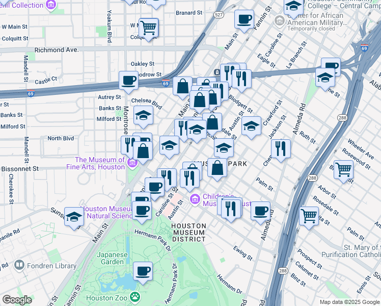 map of restaurants, bars, coffee shops, grocery stores, and more near 1220 Southmore Boulevard in Houston