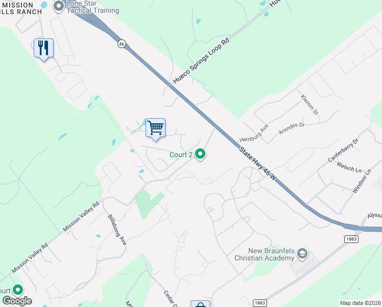 map of restaurants, bars, coffee shops, grocery stores, and more near 504 Wilderness Way in New Braunfels