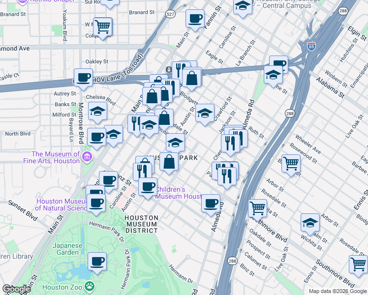 map of restaurants, bars, coffee shops, grocery stores, and more near 4919 La Branch Street in Houston