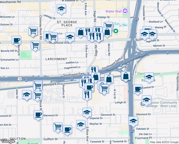 map of restaurants, bars, coffee shops, grocery stores, and more near 5503 Sage Road in Houston