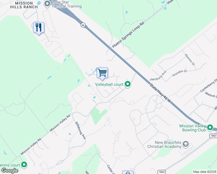 map of restaurants, bars, coffee shops, grocery stores, and more near 2629 Fairwood Drive in New Braunfels