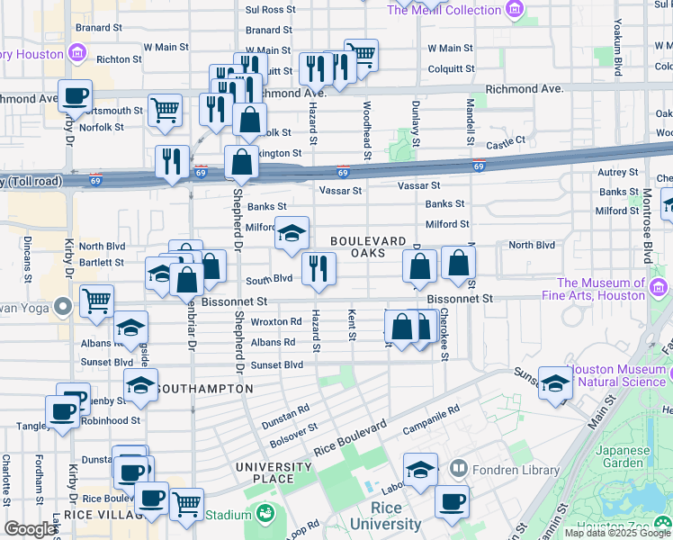 map of restaurants, bars, coffee shops, grocery stores, and more near 1920 South Boulevard in Houston