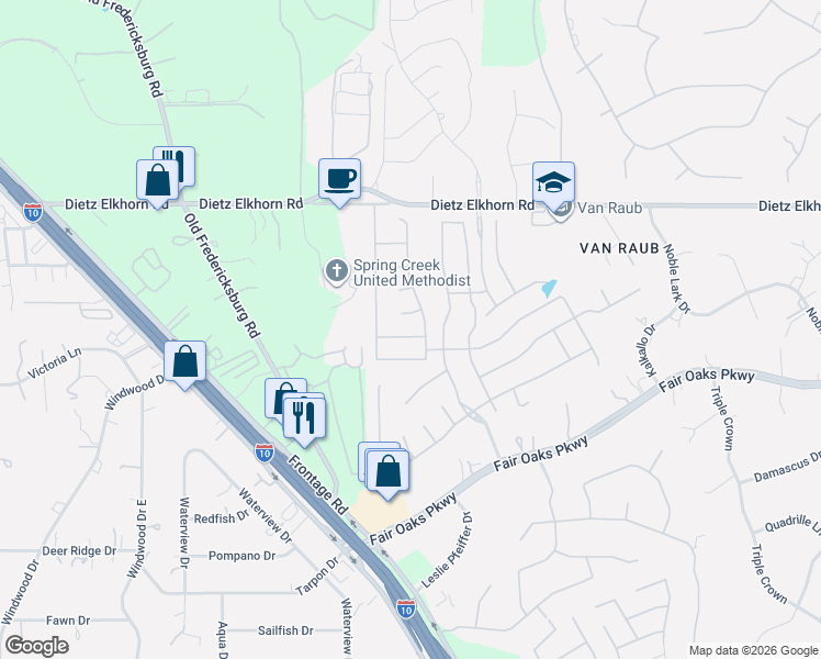 map of restaurants, bars, coffee shops, grocery stores, and more near 9011 Pond Gate in Boerne