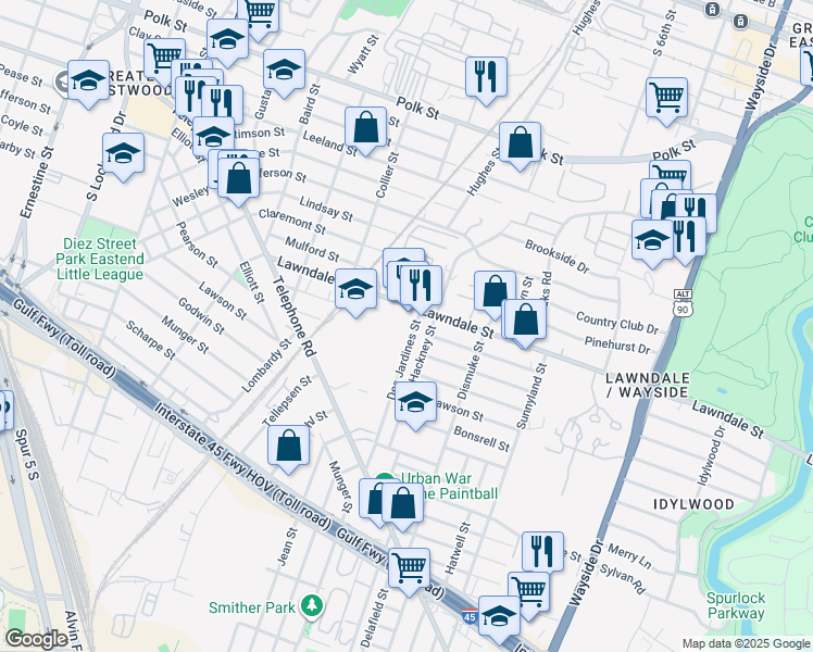 map of restaurants, bars, coffee shops, grocery stores, and more near 5420 Lawndale Street in Houston