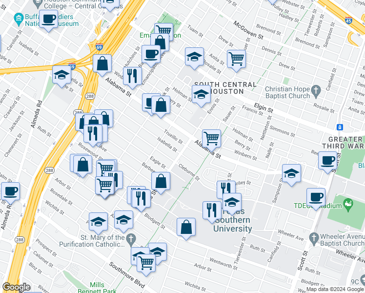 map of restaurants, bars, coffee shops, grocery stores, and more near 2910 Truxillo Street in Houston