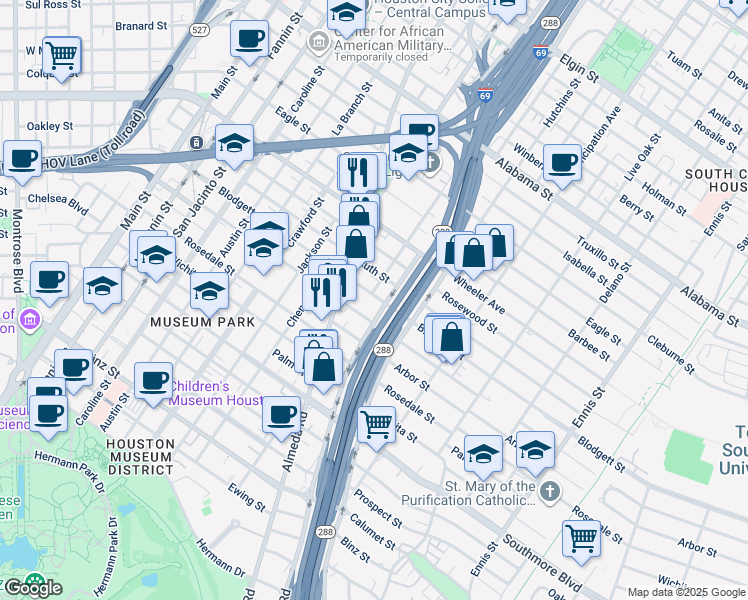 map of restaurants, bars, coffee shops, grocery stores, and more near 2004 Blodgett Street in Houston