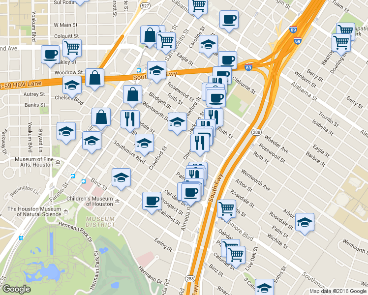 map of restaurants, bars, coffee shops, grocery stores, and more near 4816 Chenevert Street in Houston