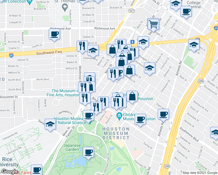 map of restaurants, bars, coffee shops, grocery stores, and more near 5253 Fannin Street in Houston