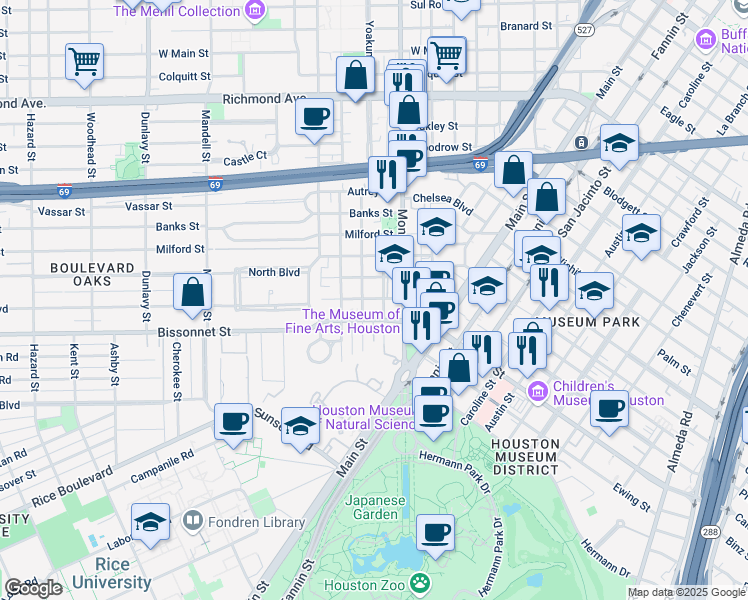map of restaurants, bars, coffee shops, grocery stores, and more near 1104 Berthea Street in Houston