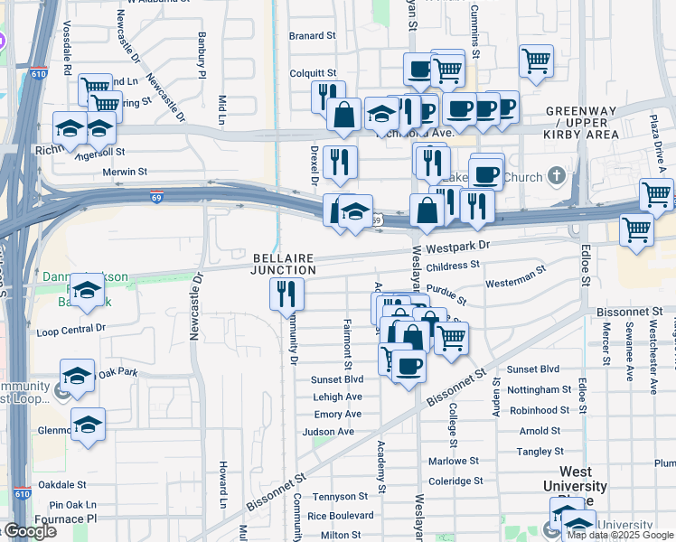 map of restaurants, bars, coffee shops, grocery stores, and more near 4206 Childress Street in Houston