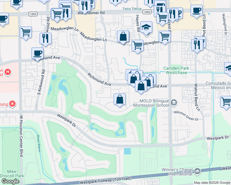 map of restaurants, bars, coffee shops, grocery stores, and more near 11355 Richmond Avenue in Houston