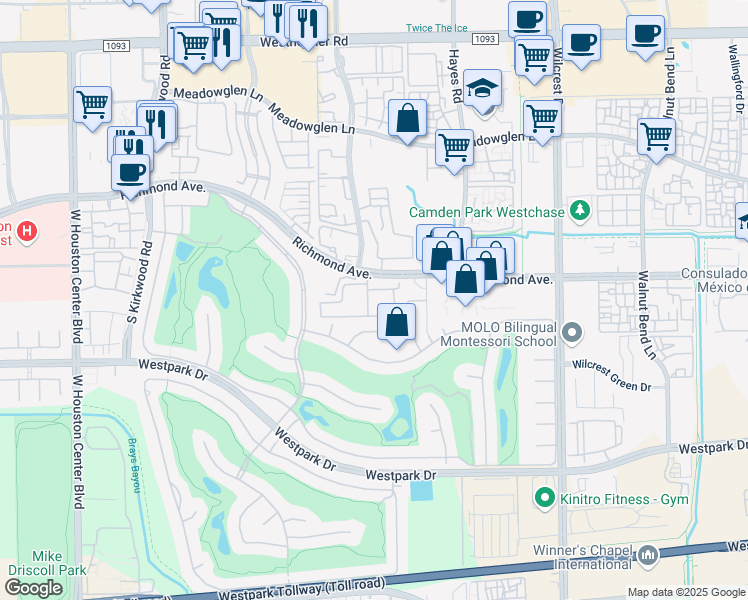 map of restaurants, bars, coffee shops, grocery stores, and more near 11355 Richmond Avenue in Houston