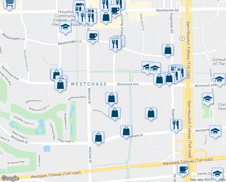 map of restaurants, bars, coffee shops, grocery stores, and more near 504 Walnut Bend Lane in Houston