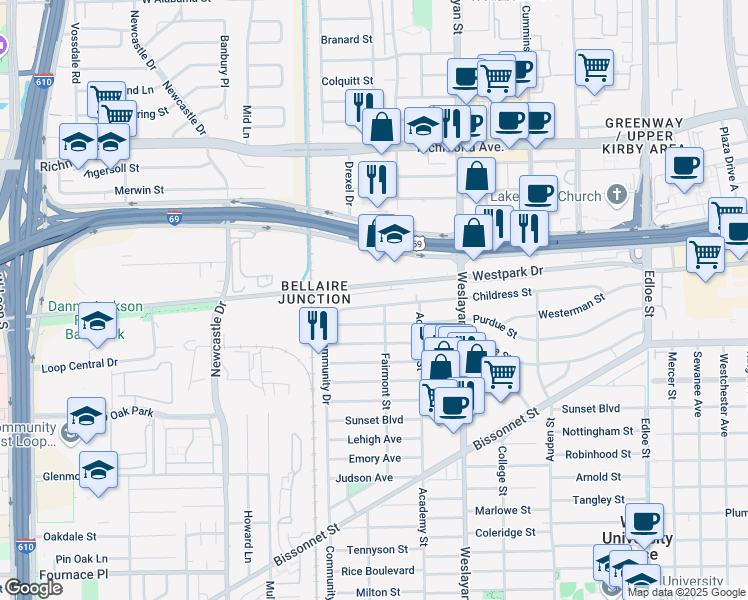 map of restaurants, bars, coffee shops, grocery stores, and more near 4206 Childress Street in Houston